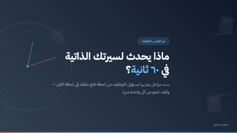 ماذا يحدث لسيرتك الذاتية في ٦٠ ثانية - ساعة مع مستندات سيرة ذاتية تمثل مراحل مراجعة التوظيف