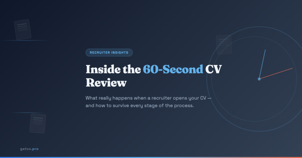 Inside the 60-Second CV Review - a clock face with CV documents representing the stages of recruiter review