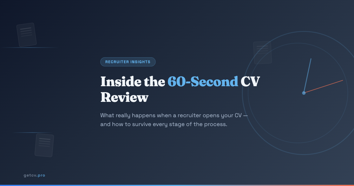 Inside the 60-Second CV Review - a clock face with CV documents representing the stages of recruiter review